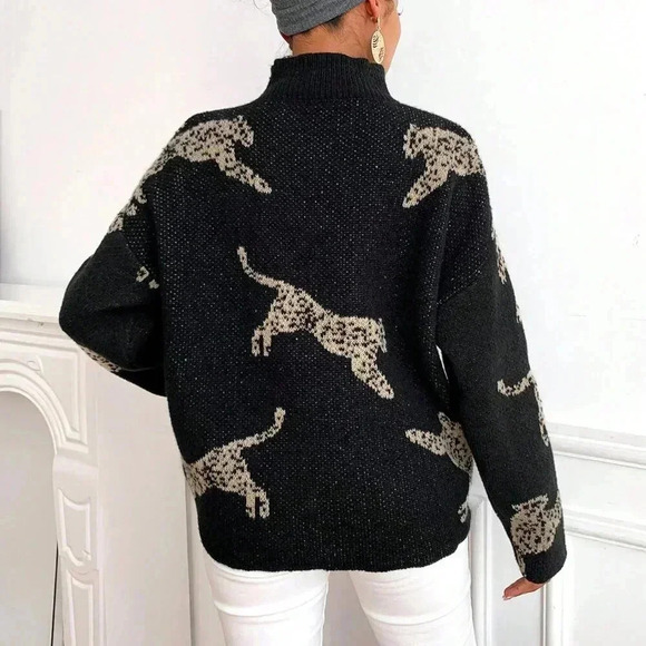 Black Casual Women's Leopard Pattern High Neck Drop Shoulder Sweater - Picture 2 of 6